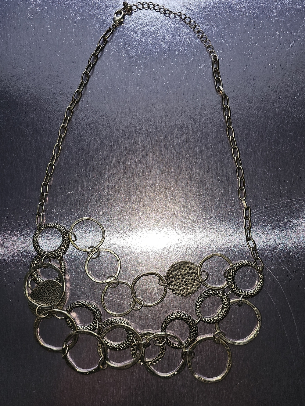 Silver Tone Textured Circle Statement Necklace